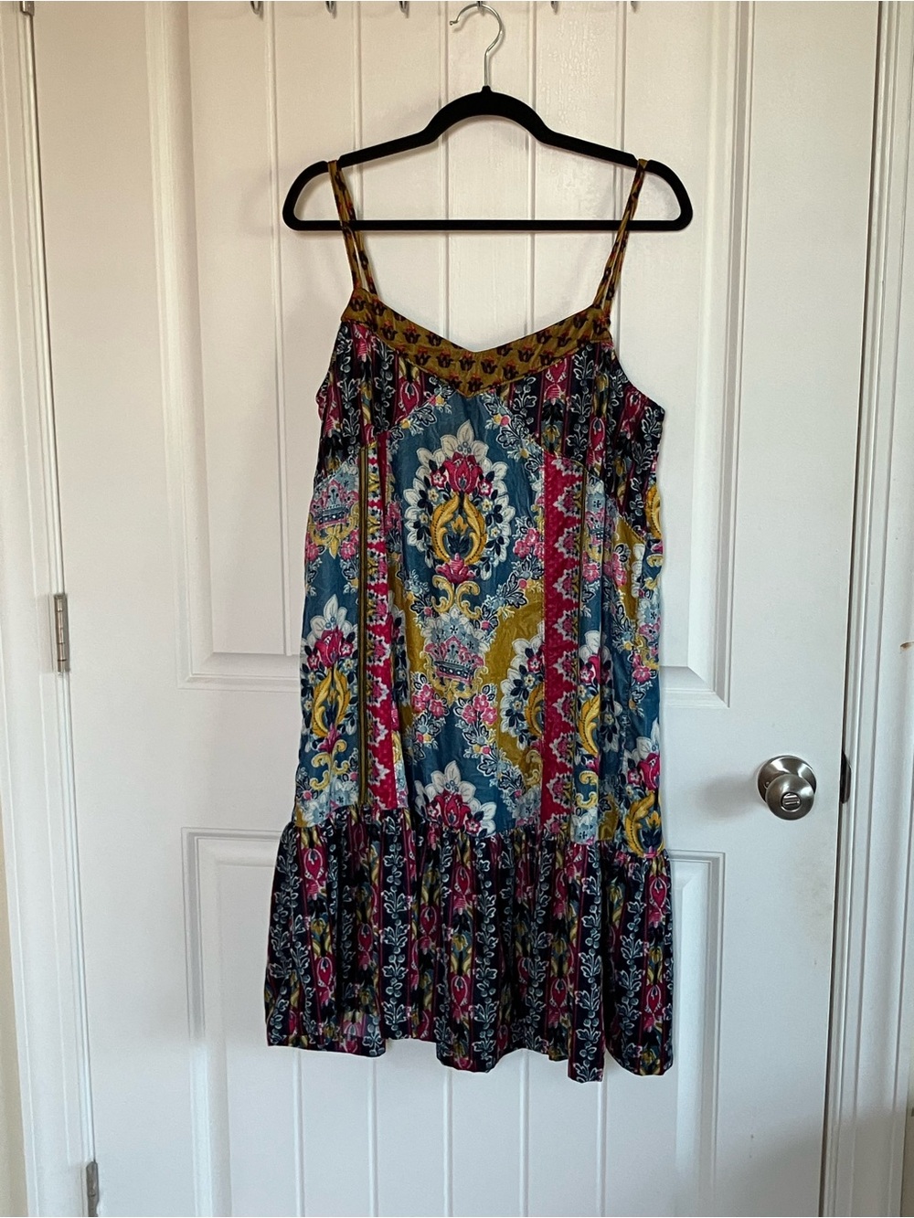 Anthropologie Teal, Pink & Mustard Printed Midi Slip Dress